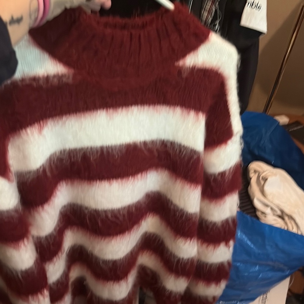 POL Red and White Turtleneck Sweater with Fuzzy Texture